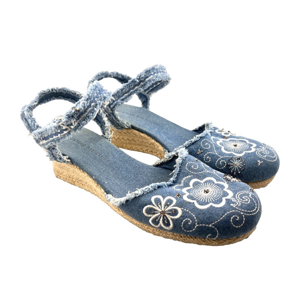 Vtg Y2K Denim Floral Wedge Sandals MONTEGO BAY Women's 7.5 Festival Hippie Boho
